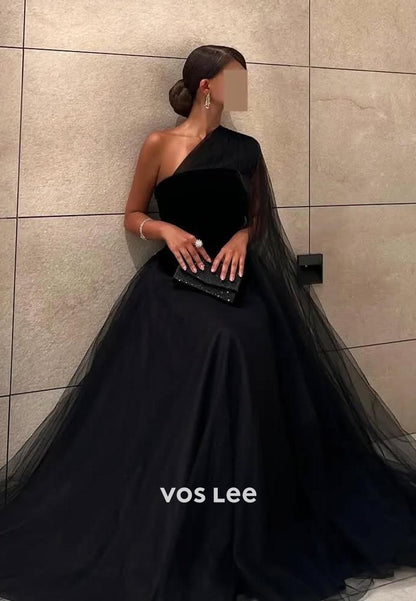 Couture Black A-Line One Shoulder Ruched EveningFormal Dresses