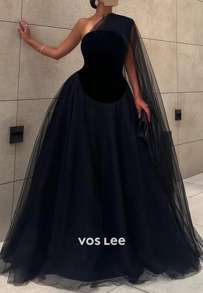 Couture Black A-Line One Shoulder Ruched EveningFormal Dresses