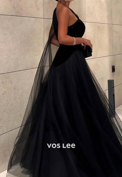 Couture Black A-Line One Shoulder Ruched EveningFormal Dresses