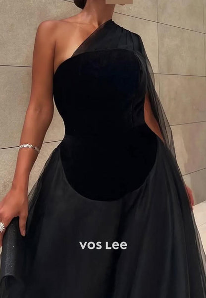 Couture Black A-Line One Shoulder Ruched EveningFormal Dresses