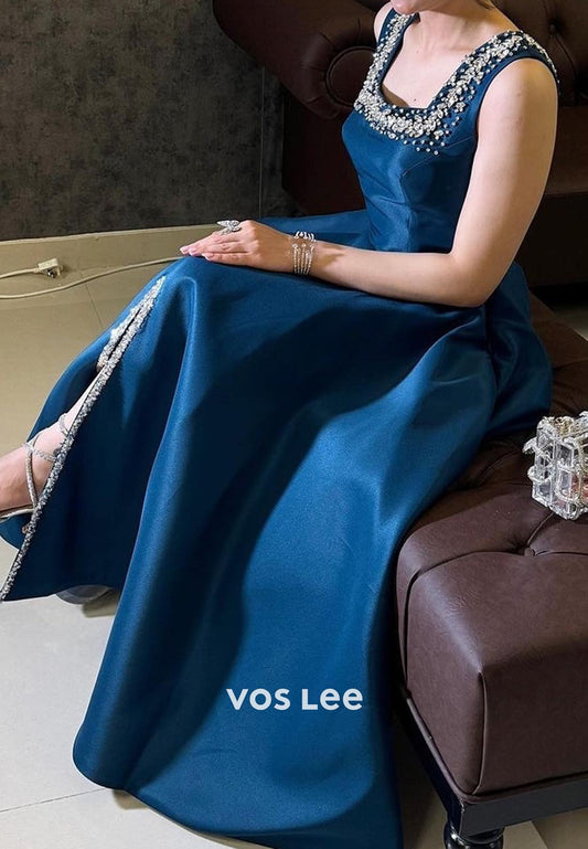 Elegant & Luxurious A-Line Empire Waist Pleated Rhinestone Evening Dress with Split