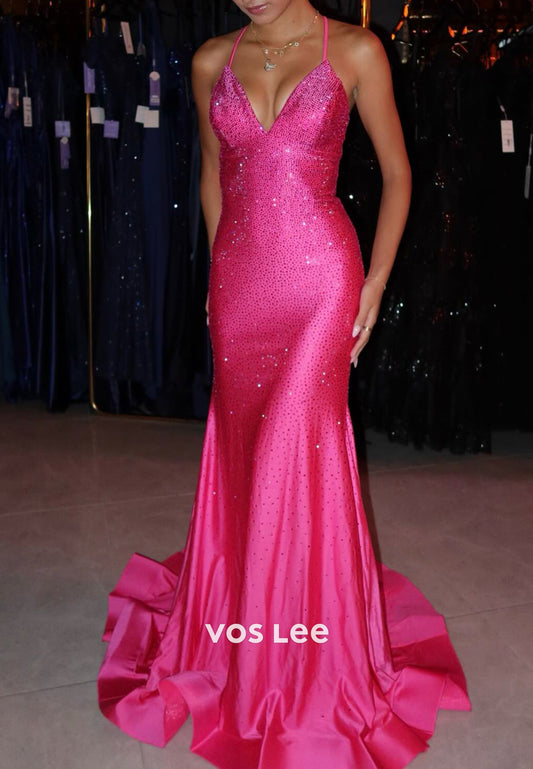 Sparkle & Shine Halter V Neck Empire Waist Prom Dresses Maxi Dresses with Sweep Train