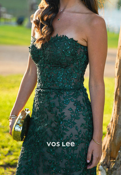 Elegant Emerald Green Strapless Lace Evening Dress with Beading