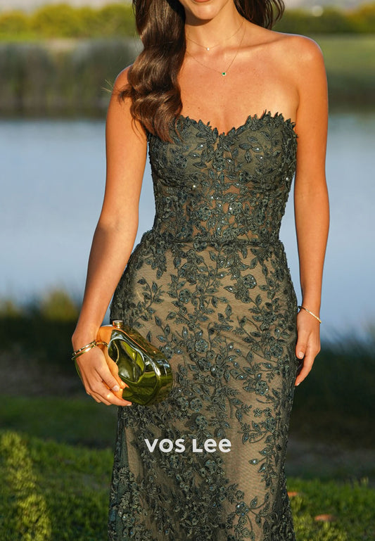 Elegant Emerald Green Strapless Lace Evening Dress with Beading