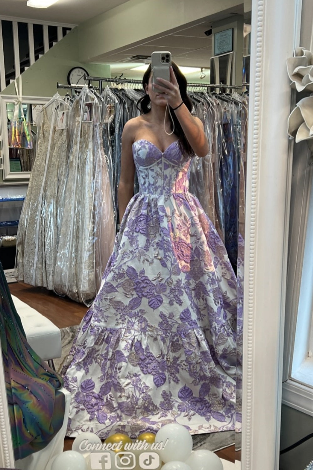 Strapless Pink Floral A-line Long Formal Dress