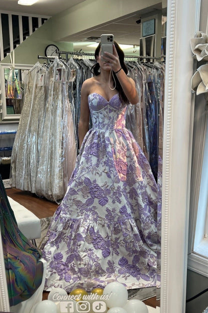 Strapless Pink Floral A-line Long Formal Dress