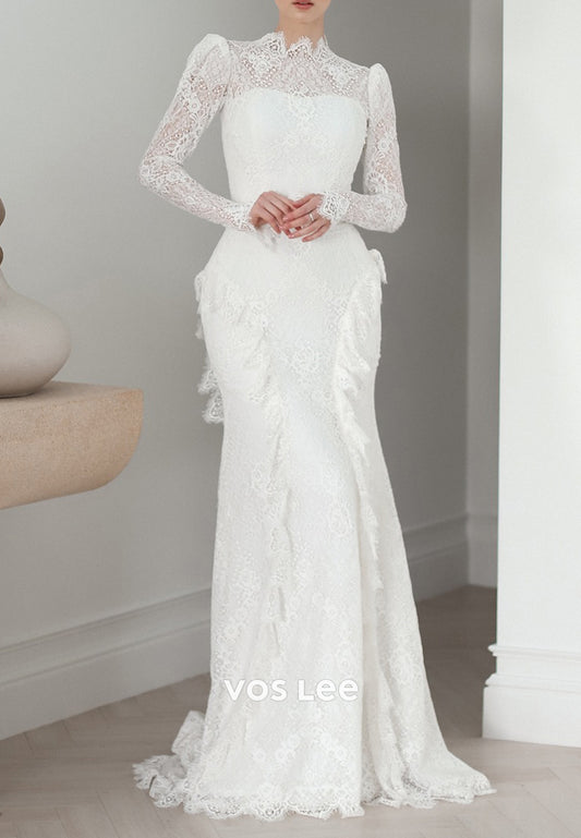 Couture Long Sleeve Appliques Lace Mermaid Wedding Dresses with Sweep Train