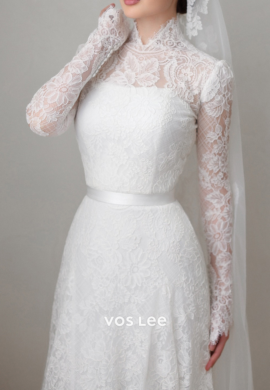 Long Sleeve Illusion Neck Appliques Lace Sheath Wedding Dresses with Sweep Train