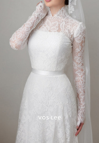Long Sleeve Illusion Neck Appliques Lace Sheath Wedding Dresses with Sweep Train