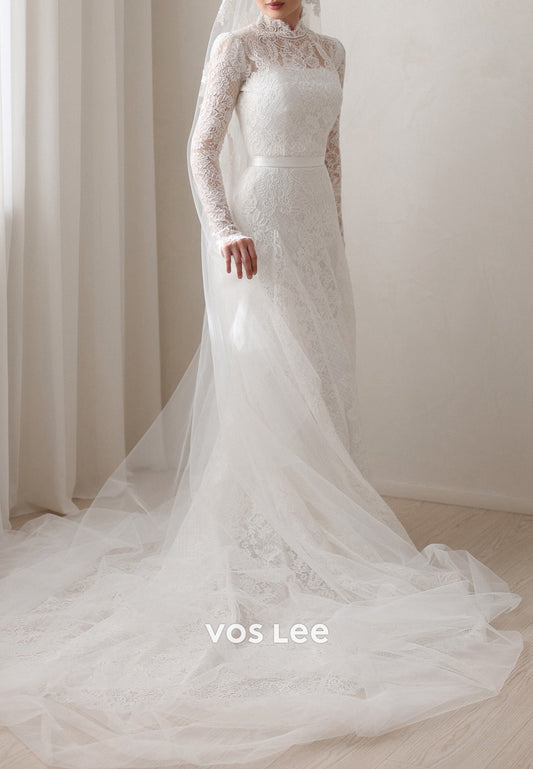 Long Sleeve Illusion Neck Appliques Lace Sheath Wedding Dresses with Sweep Train