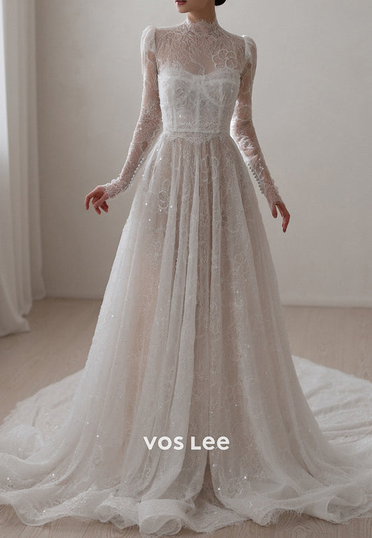 A-Line Appliques Lace Long Sleeve Illusion Neck Wedding Dresses with Court Train