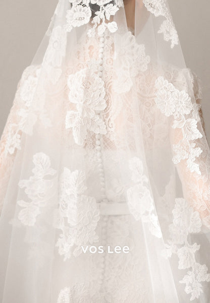 Long Sleeve Illusion Neck Appliques Lace Sheath Wedding Dresses with Sweep Train