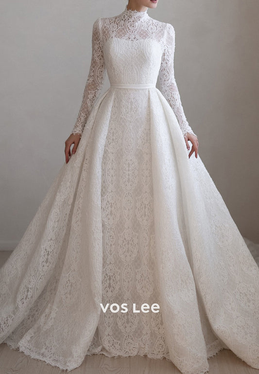 Long Sleeve  High Neck Appliques Lace Covered Button Wedding Dresses