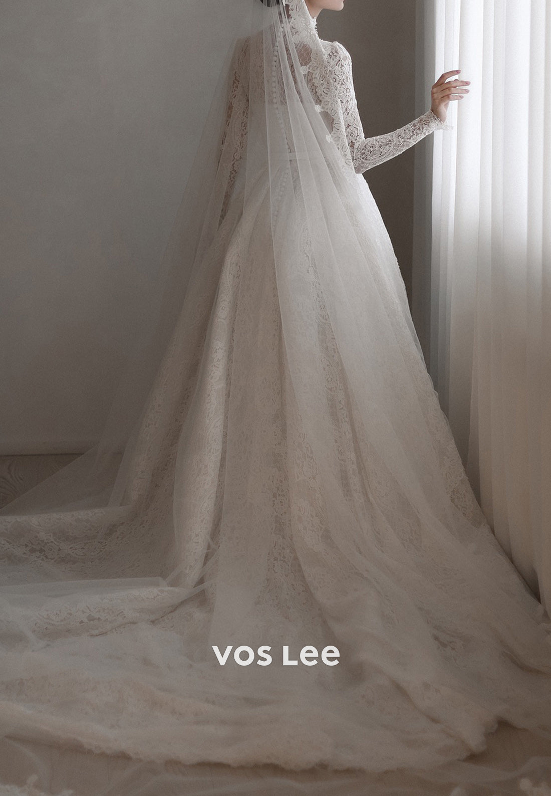 Long Sleeve  High Neck Appliques Lace Covered Button Wedding Dresses