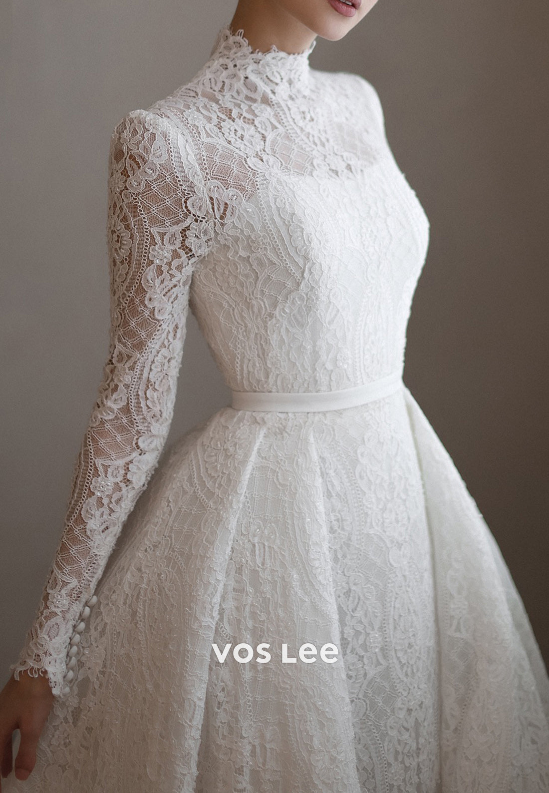 Long Sleeve  High Neck Appliques Lace Covered Button Wedding Dresses