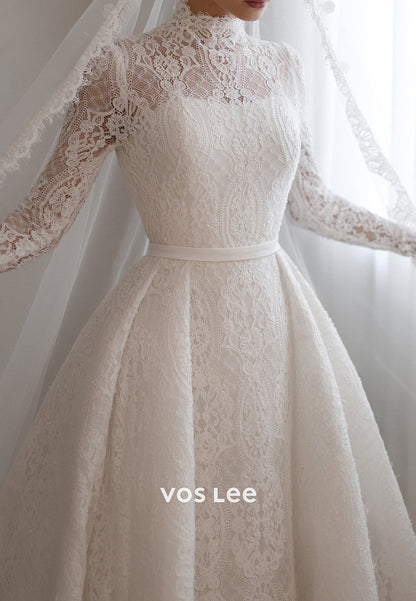 Long Sleeve  High Neck Appliques Lace Covered Button Wedding Dresses