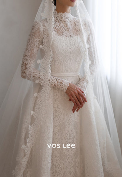 Long Sleeve  High Neck Appliques Lace Covered Button Wedding Dresses