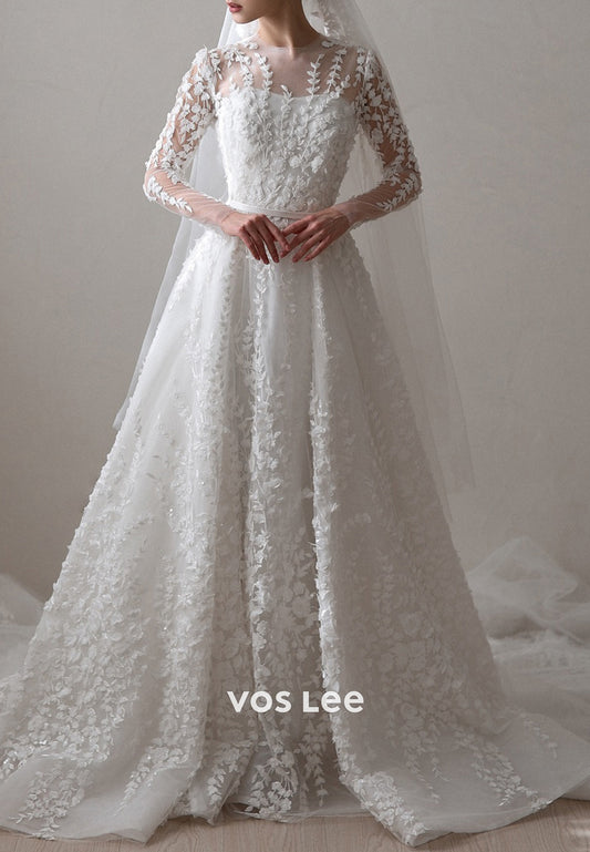 A-Line Long Sleeve Illusion Neck Appliques Lace Wedding Dresses with Chapel Train
