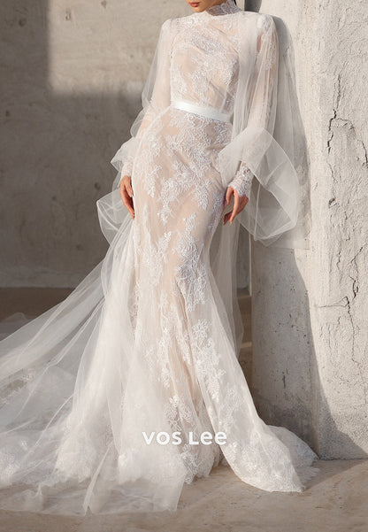 High Neck Long Sleeve Appliques Mermaid Wedding Dresses with Court Train