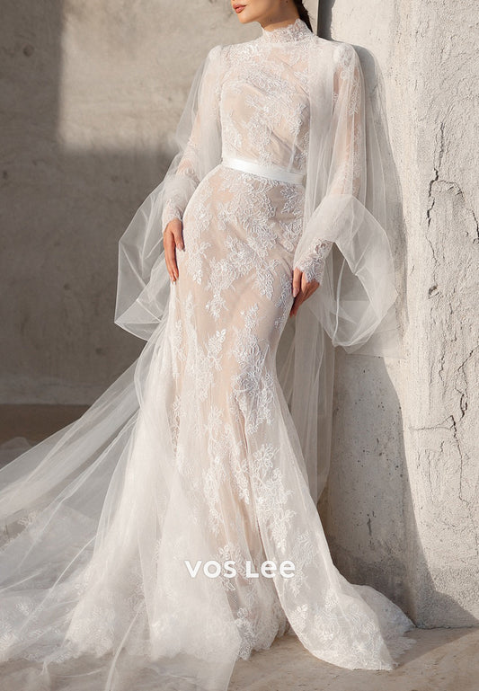 High Neck Long Sleeve Appliques Mermaid Wedding Dresses with Court Train