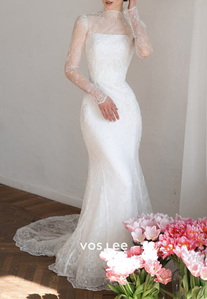 Fully Beaded Appliques Long Sleeve Illusion Neck Sheath Wedding Dresses