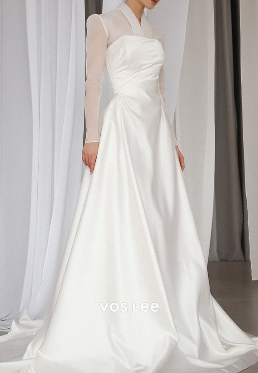 Long Sleeve V Neck Satin Pleated Wedding Dresses with Court Train