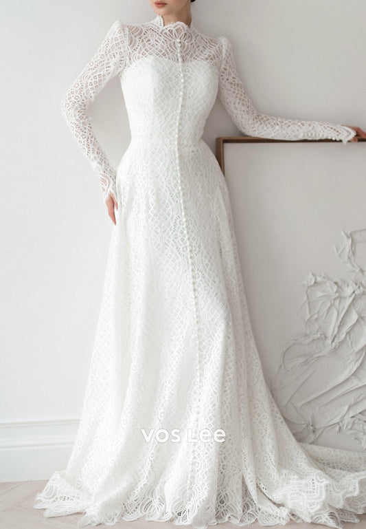 Long Sleeve Lace Illusion Neck Sheath Wedding Dresses with Court Train