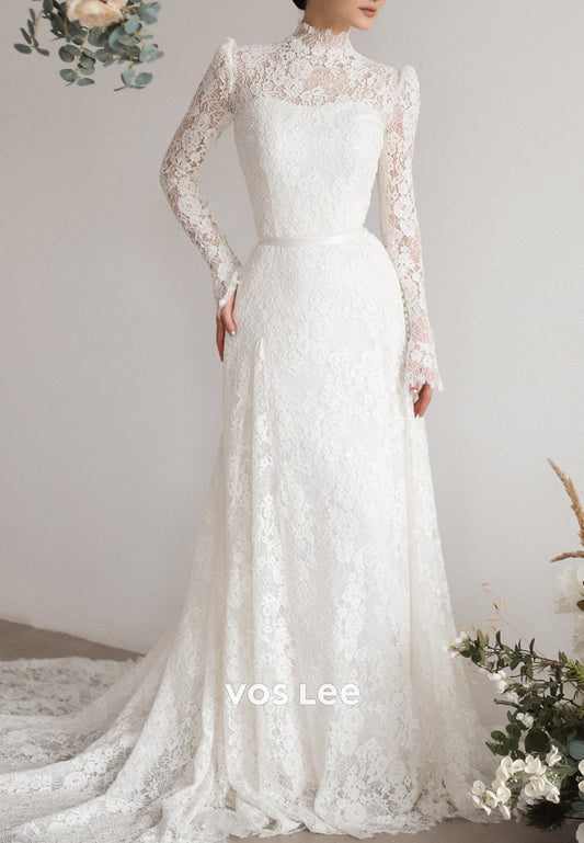 Lace Appliques Long Sleeve Illusion Neck Sheath Wedding Dresses with Court Train