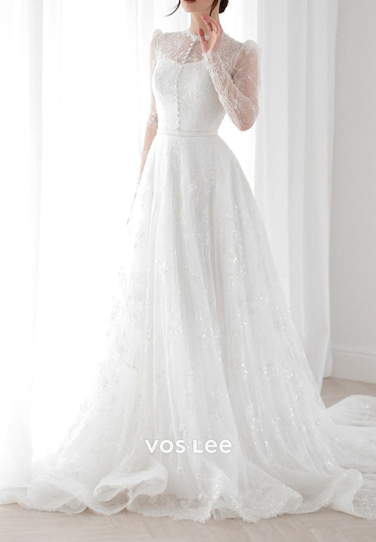 A-Line Long Sleeve Illusion Neck Appliques Lace Beaded Wedding Dresses