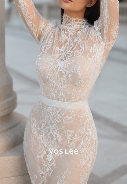 High Neck Appliques Lace Mermaid Wedding Dresses with Detachable Court Train