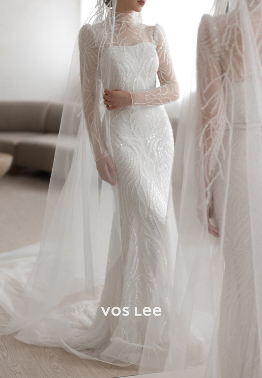 Long Sleeve Illusion Neck Beaded Mermaid Wedding Dresses with Detachable Train