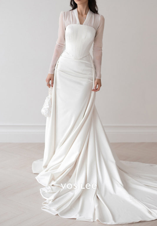 Long Sleeve V Neck Pleated Mermaid Wedding Dresses with Court Train