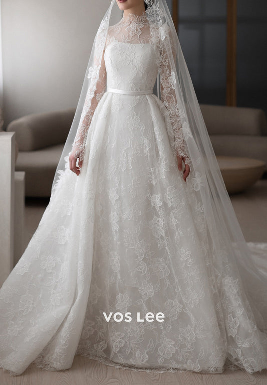 Illusion Neck Appliques Lace Ball Gown Wedding Dresses with Chapel Train