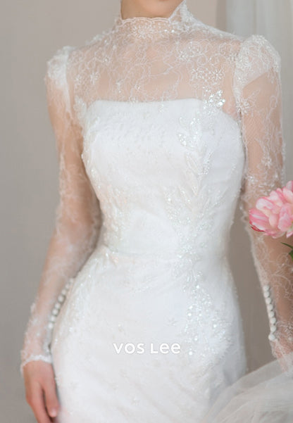 Fully Beaded Appliques Long Sleeve Illusion Neck Sheath Wedding Dresses