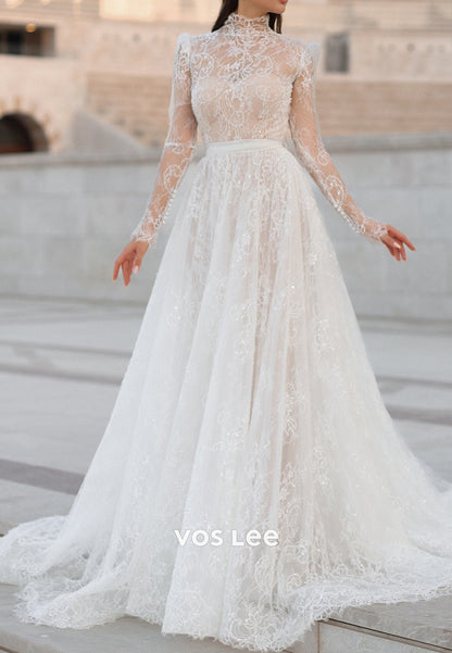 High Neck Appliques Lace Mermaid Wedding Dresses with Detachable Court Train