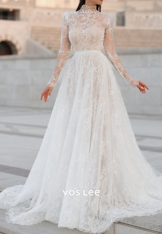 High Neck Appliques Lace Mermaid Wedding Dresses with Detachable Court Train