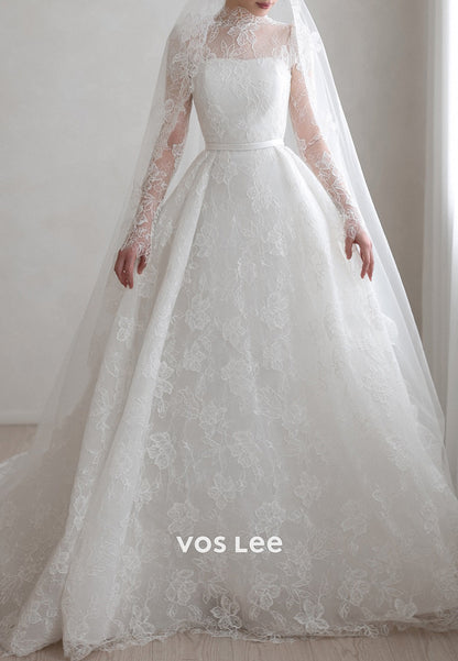 Illusion Neck Appliques Lace Ball Gown Wedding Dresses with Chapel Train