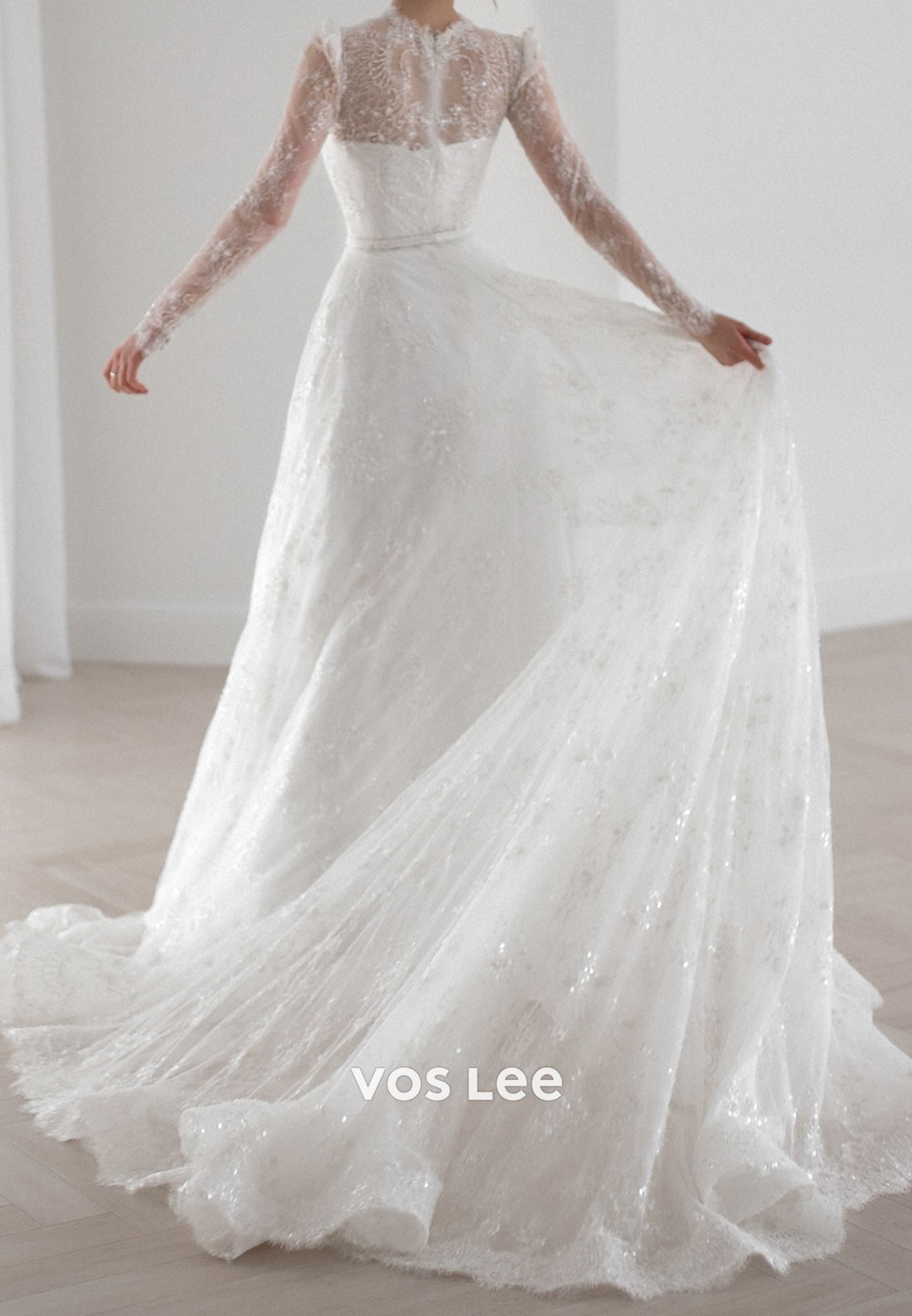 A-Line Long Sleeve Illusion Neck Appliques Lace Beaded Wedding Dresses