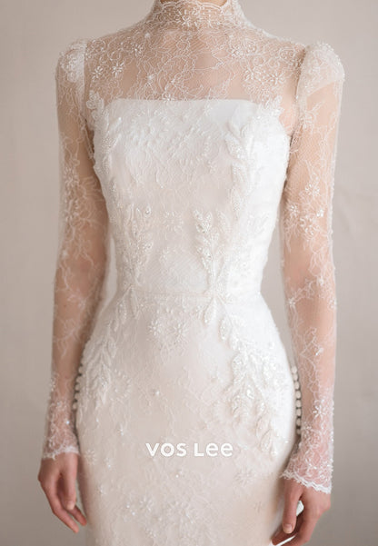 Fully Beaded Appliques Long Sleeve Illusion Neck Sheath Wedding Dresses