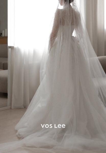 Long Sleeve Illusion Neck Beaded Mermaid Wedding Dresses with Detachable Train