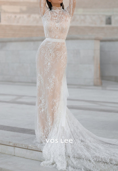 High Neck Appliques Lace Mermaid Wedding Dresses with Detachable Court Train