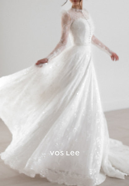A-Line Long Sleeve Illusion Neck Appliques Lace Beaded Wedding Dresses