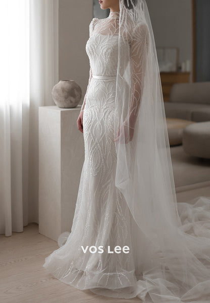 Long Sleeve Illusion Neck Beaded Mermaid Wedding Dresses with Detachable Train