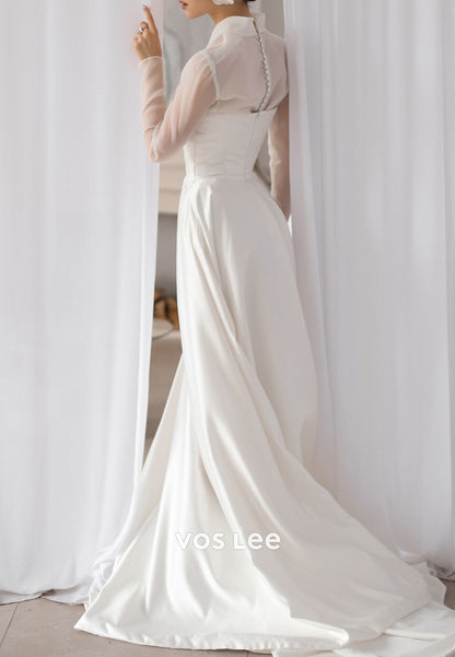 Long Sleeve V Neck Satin Pleated Wedding Dresses with Court Train