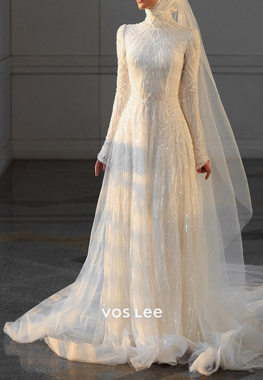 Long Sleeve Illusion Neck Beaded Embellished Sheath Wedding Dresses