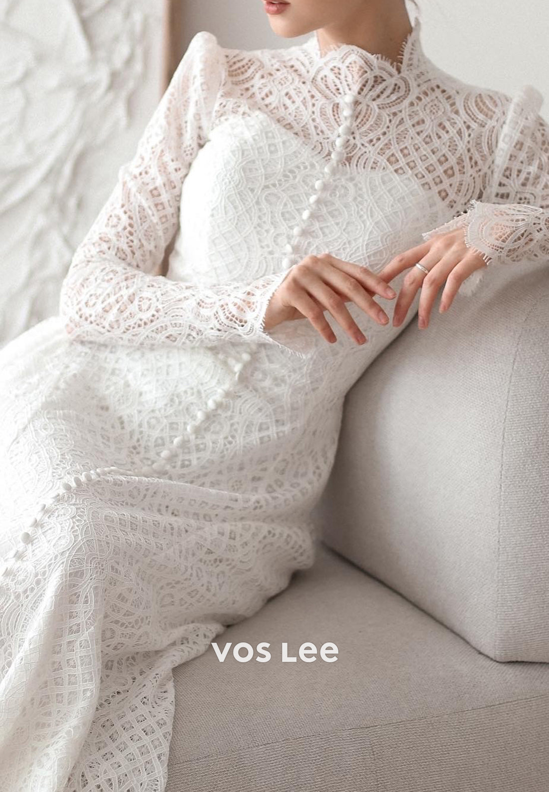 Long Sleeve Lace Illusion Neck Sheath Wedding Dresses with Court Train