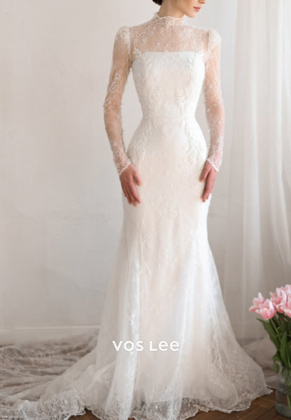 Fully Beaded Appliques Long Sleeve Illusion Neck Sheath Wedding Dresses