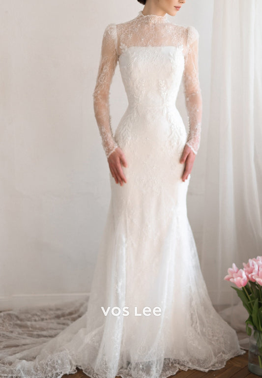 Fully Beaded Appliques Long Sleeve Illusion Neck Sheath Wedding Dresses