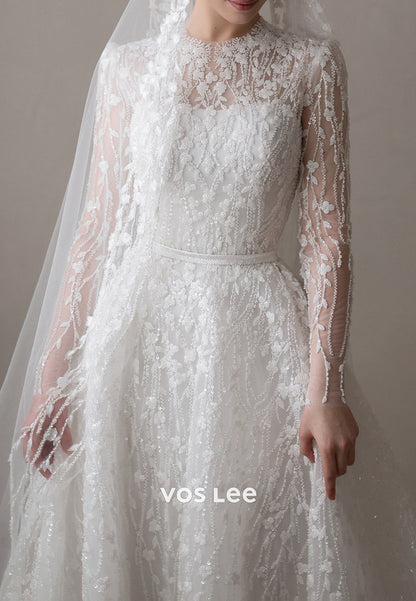 Long Sleeve A-Line Scoop Beading Embellished Wedding Dresses with Court Train