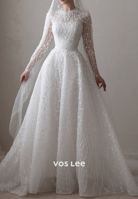 Long Sleeve A-Line Scoop Beading Embellished Wedding Dresses with Court Train